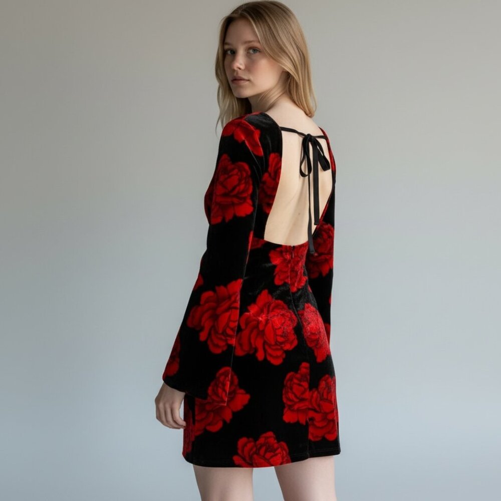 Sexy Velvet Rose Backless Mini Dress | Bell Sleeves | Thirty Thirty | Size M